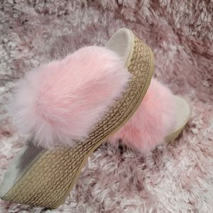 Pink Fluffy Wedge Sandals